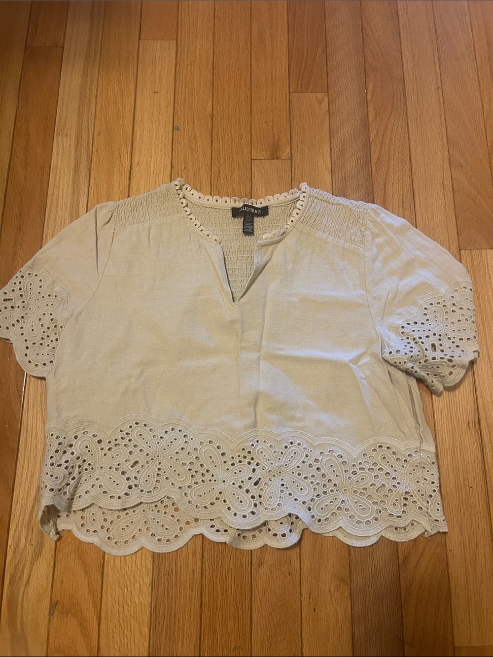 Ellen Tracy Cream Eyelet-Trim Short Sleeve Blouse